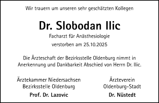 Traueranzeige von Slobodan Ilic von Nordwest-Zeitung