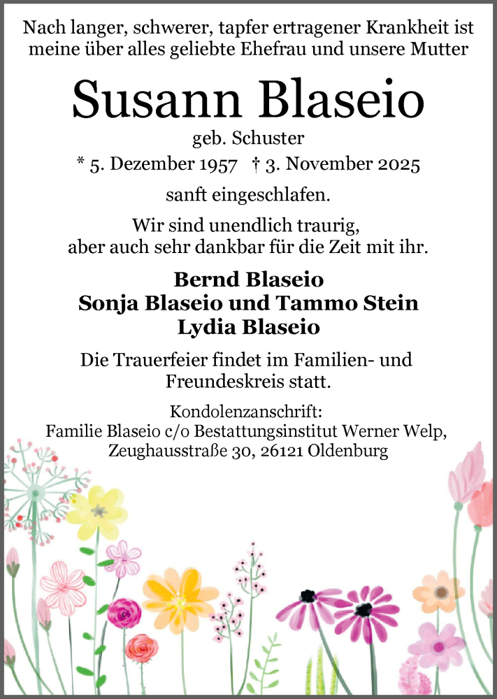  Traueranzeige für Susann Blaseio vom 08.11.2025 aus Nordwest-Zeitung