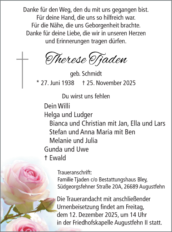 Traueranzeige von Therese Tjaden von Nordwest-Zeitung