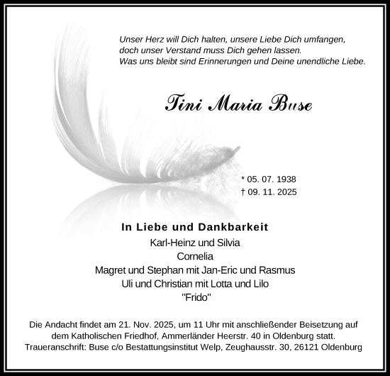 Traueranzeige von Tini Maria Buse von Nordwest-Zeitung