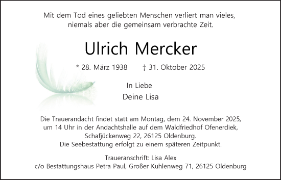 Traueranzeige von Ulrich Mercker von Nordwest-Zeitung