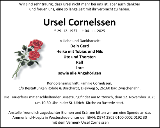 Traueranzeige von Ursel Cornelssen von Nordwest-Zeitung