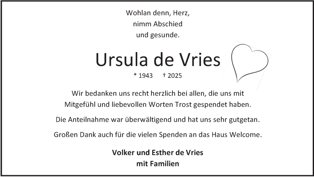  Traueranzeige für Ursula de Vries vom 15.11.2025 aus Nordwest-Zeitung