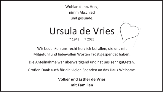 Traueranzeige von Ursula de Vries von Nordwest-Zeitung