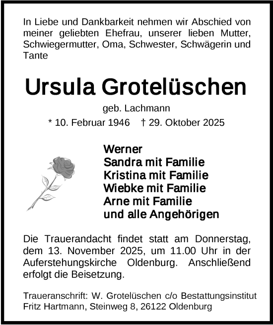 Traueranzeige von Ursula Grotelüschen von Nordwest-Zeitung