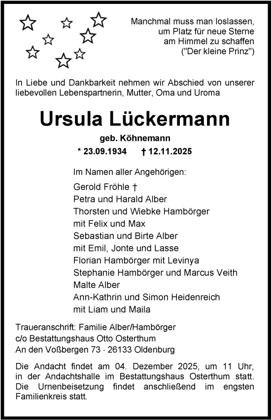 Traueranzeige von Ursula Lückermann von Nordwest-Zeitung