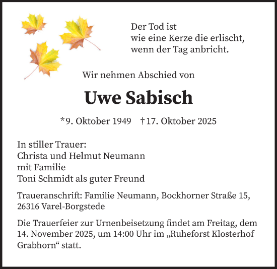 Traueranzeige von Uwe Sabisch von Nordwest-Zeitung