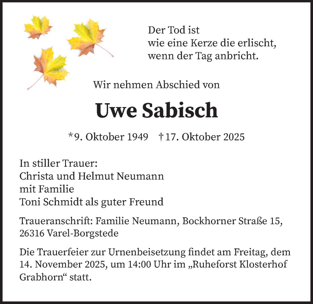  Traueranzeige für Uwe Sabisch vom 08.11.2025 aus Nordwest-Zeitung