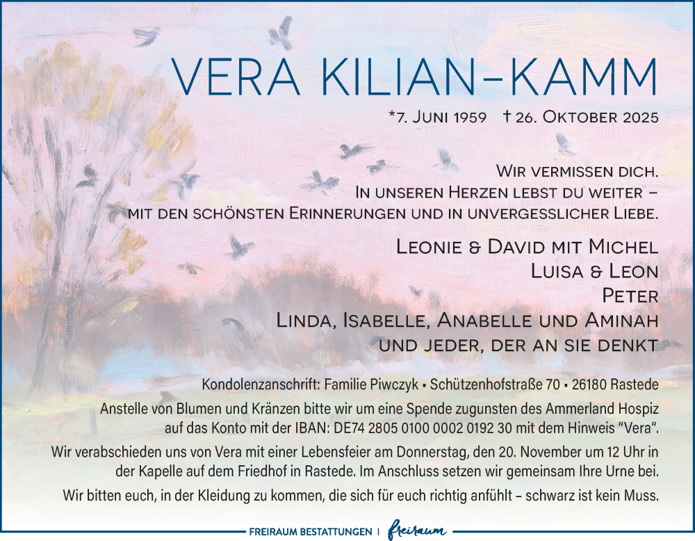  Traueranzeige für Vera Kilian-Kamm vom 08.11.2025 aus Nordwest-Zeitung
