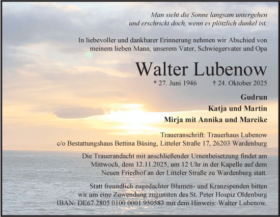 Traueranzeige von Walter Lubenow von Nordwest-Zeitung