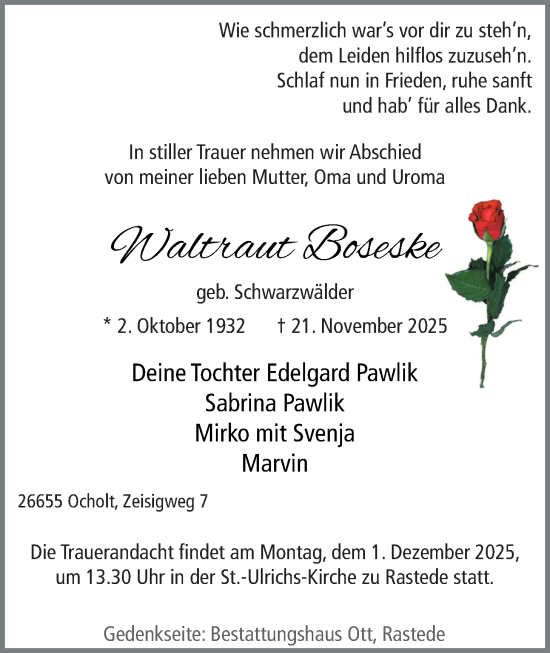 Traueranzeige von Waltraut Boseske von Nordwest-Zeitung