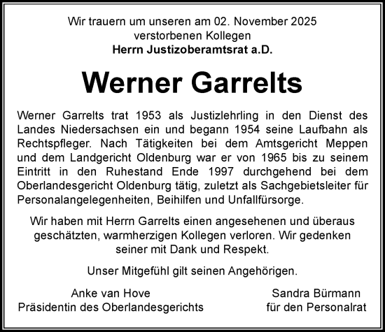 Traueranzeige von Werner Garrelts von Nordwest-Zeitung