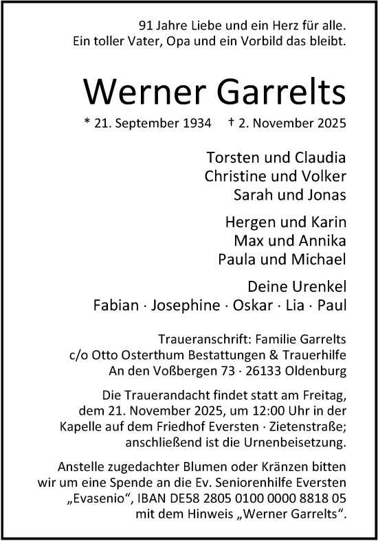 Traueranzeige von Werner Garrelts von Nordwest-Zeitung