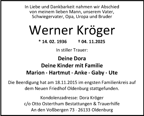 Traueranzeige von Werner Kröger von Nordwest-Zeitung