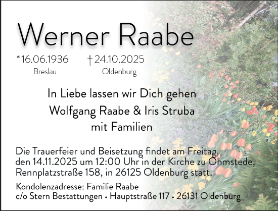 Traueranzeige von Werner Raabe von Nordwest-Zeitung