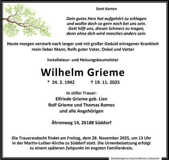 Traueranzeige von Wilhelm Grieme von Nordwest-Zeitung