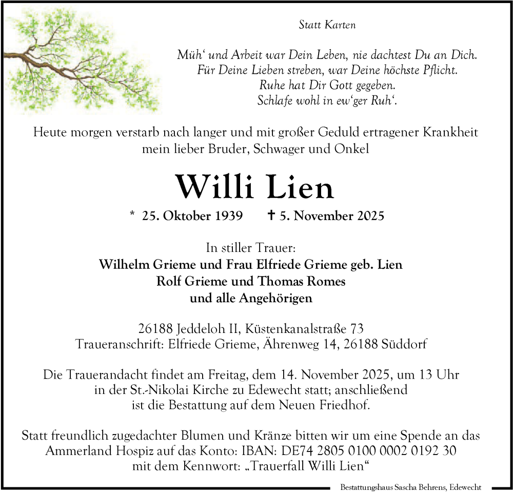 Traueranzeige für Willi Lien vom 08.11.2025 aus Nordwest-Zeitung