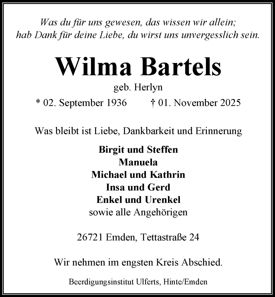  Traueranzeige für Wilma Bartels vom 08.11.2025 aus Emder Zeitung