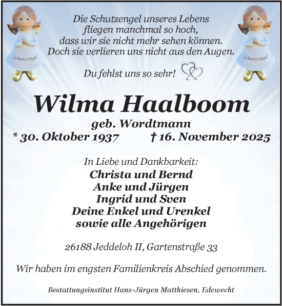 Traueranzeige von Wilma Haalboom von Nordwest-Zeitung