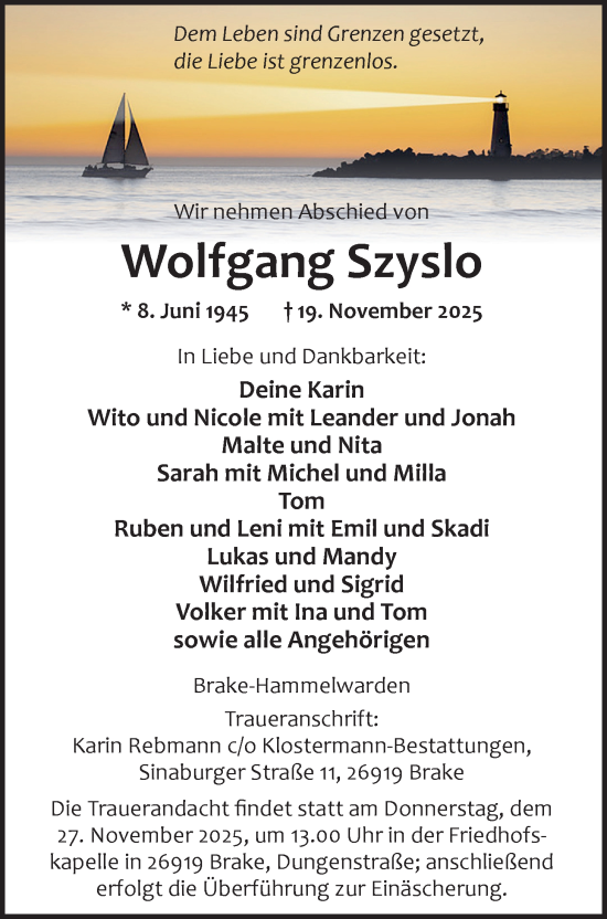 Traueranzeige von Wolfgang Szyslo von Nordwest-Zeitung