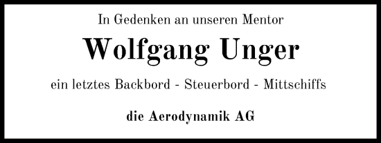 Traueranzeige von Wolfgang Unger von Nordwest-Zeitung