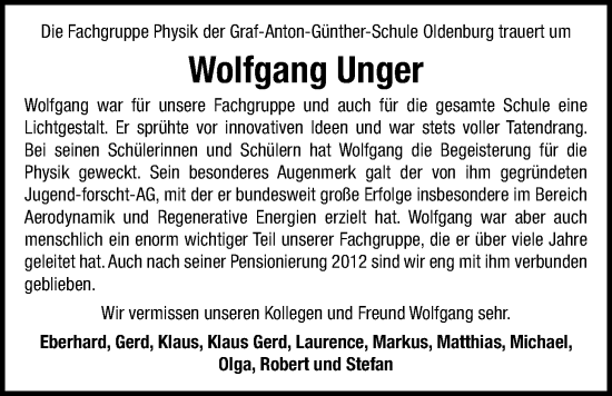 Traueranzeige von Wolfgang Unger von Nordwest-Zeitung