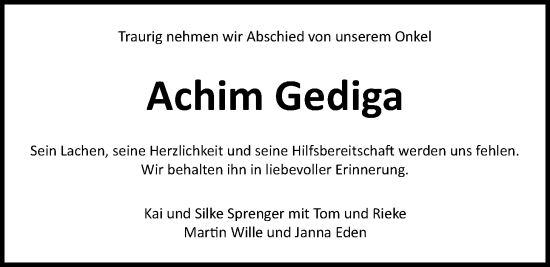 Traueranzeige von Achim Gediga von Nordwest-Zeitung