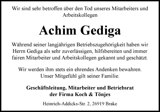 Traueranzeige von Achim Gediga von Nordwest-Zeitung