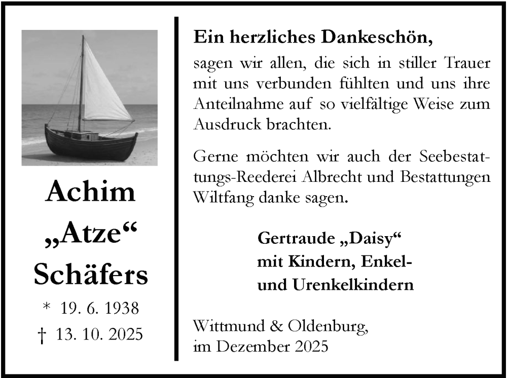  Traueranzeige für Achim Schäfers vom 08.12.2025 aus WZ/JW/AH