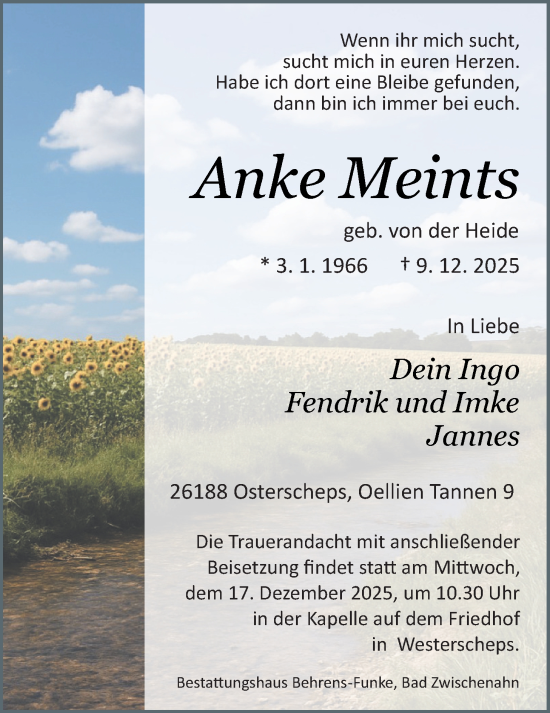 Traueranzeige von Anke Meints von Nordwest-Zeitung