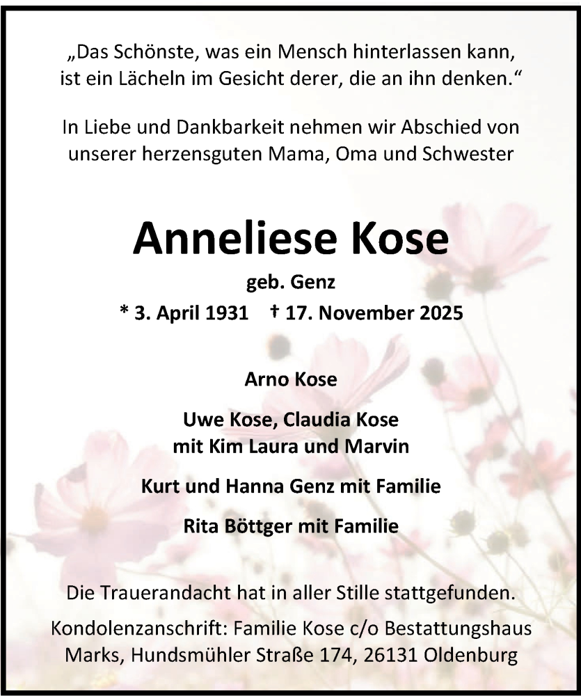  Traueranzeige für Anneliese Kose vom 06.12.2025 aus Nordwest-Zeitung