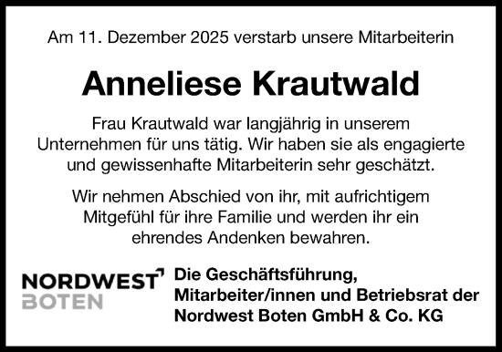 Traueranzeige von Anneliese Krautwald von Nordwest-Zeitung