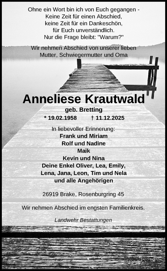Traueranzeige von Anneliese Krautwald von Nordwest-Zeitung
