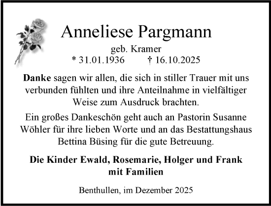 Traueranzeige von Anneliese Pargmann von Nordwest-Zeitung