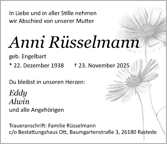 Traueranzeige von Anni Rüsselmann von Nordwest-Zeitung