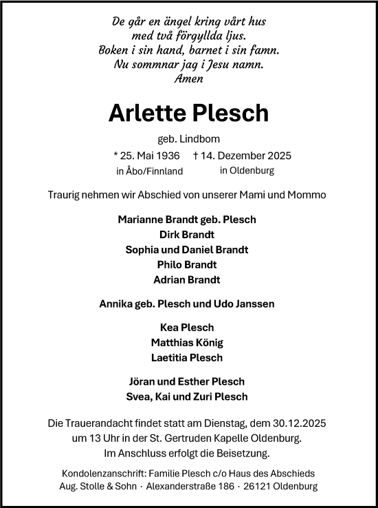 Traueranzeige von Arlette Plesch von Nordwest-Zeitung