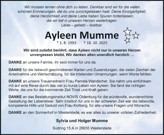 Traueranzeige von Ayleen Mumme von Nordwest-Zeitung