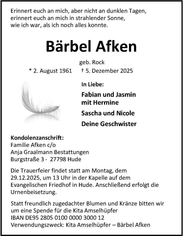  Traueranzeige für Bärbel Afken vom 13.12.2025 aus Nordwest-Zeitung