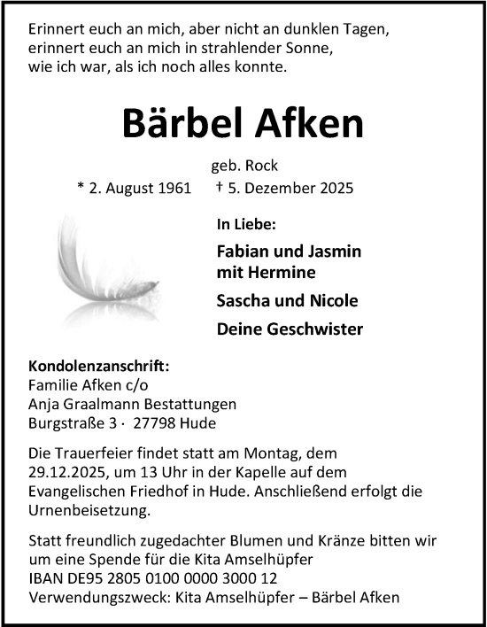 Traueranzeige von Bärbel Afken von Nordwest-Zeitung