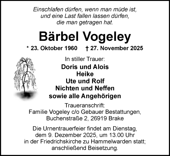 Traueranzeige von Bärbel Vogeley von Nordwest-Zeitung