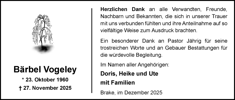  Traueranzeige für Bärbel Vogeley vom 27.12.2025 aus Nordwest-Zeitung