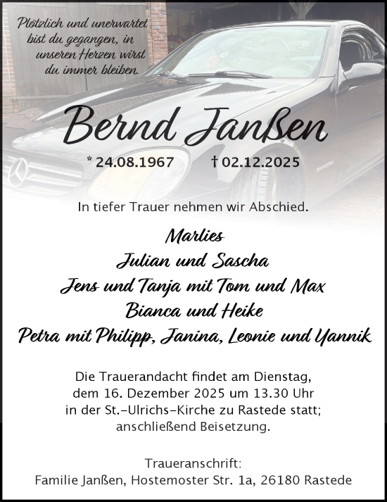 Traueranzeige von Bernd Janßen von Nordwest-Zeitung