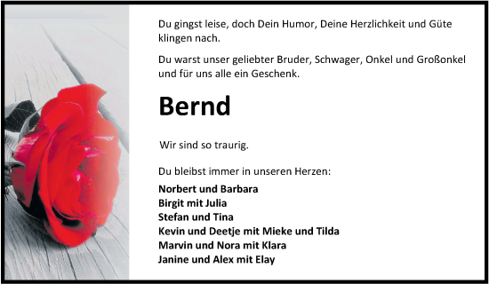 Traueranzeige von Bernd Stolzenberger von WZ/JW/AH