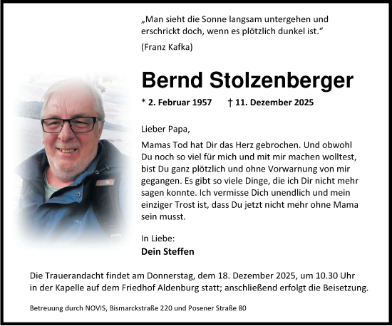 Traueranzeige von Bernd Stolzenberger von WZ/JW/AH
