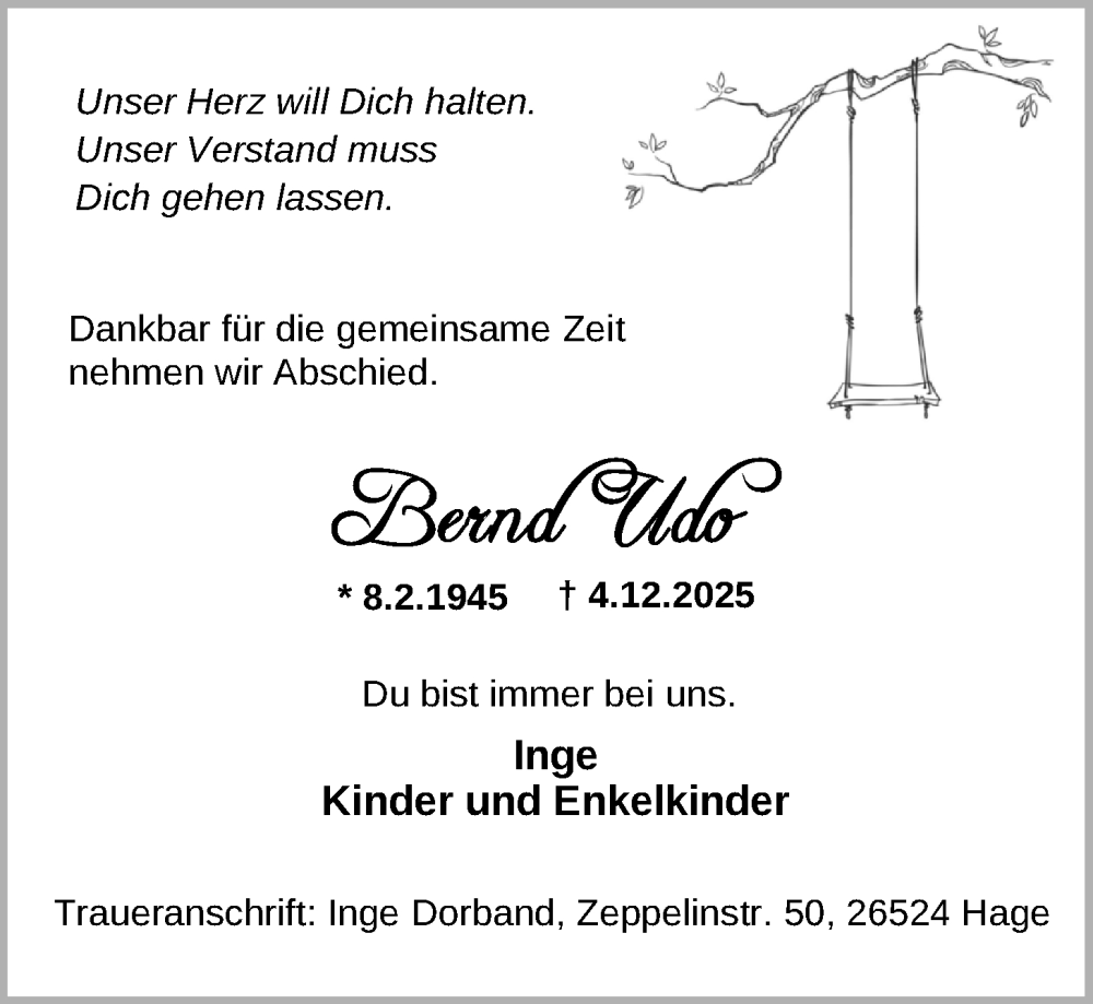  Traueranzeige für Bernd Udo vom 13.12.2025 aus Emder Zeitung