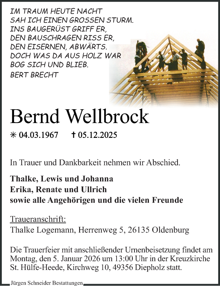  Traueranzeige für Bernd Wellbrock vom 20.12.2025 aus Nordwest-Zeitung