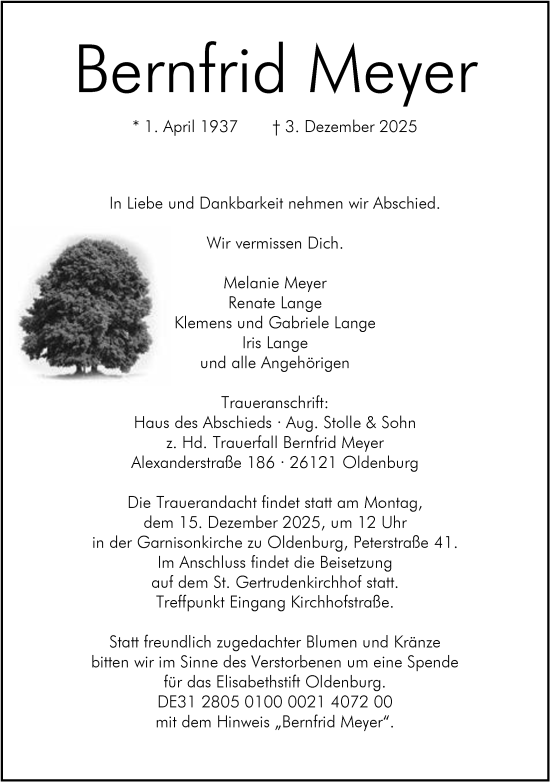 Traueranzeige von Bernfrid Meyer von Nordwest-Zeitung
