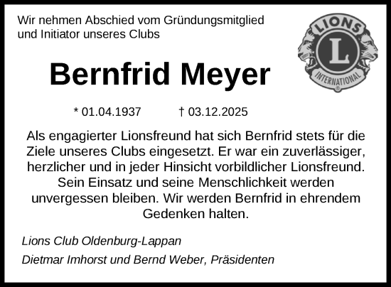 Traueranzeige von Bernfrid Meyer von Nordwest-Zeitung