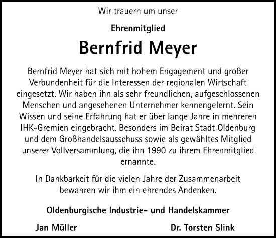 Traueranzeige von Bernfrid Meyer von Nordwest-Zeitung