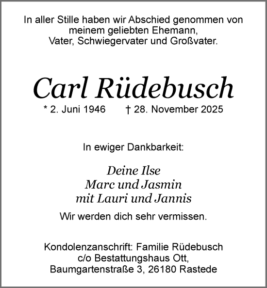 Traueranzeige von Carl Rüdebusch von Nordwest-Zeitung